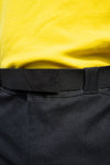 Close crop of the Experiment 242 - Polyamour Precision Belt with the Cottonweight Cut One T-shirt in Yellow and the Bombpaints in Black