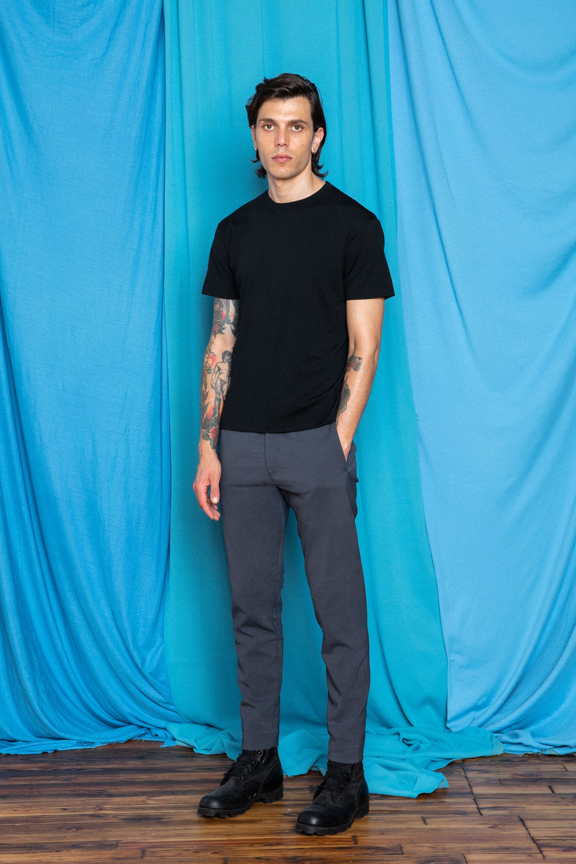 Daniele in the Bluetint Gray Workdarts and a Black Ultrafine Merino Cut Two T-Shirt , front view 